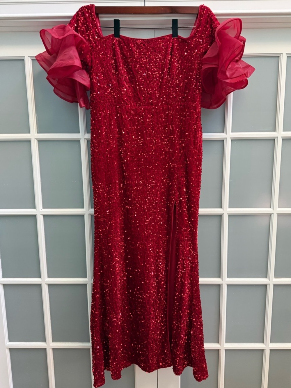 FAERIESTY Red Sequin Velvet Ruffle Sleeve Off Shoulder Mermaid Maxi Dress 2XL